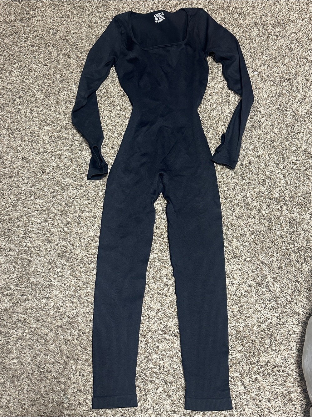 Black Long-Sleeve Ribbed Square-Neck Jumpsuit